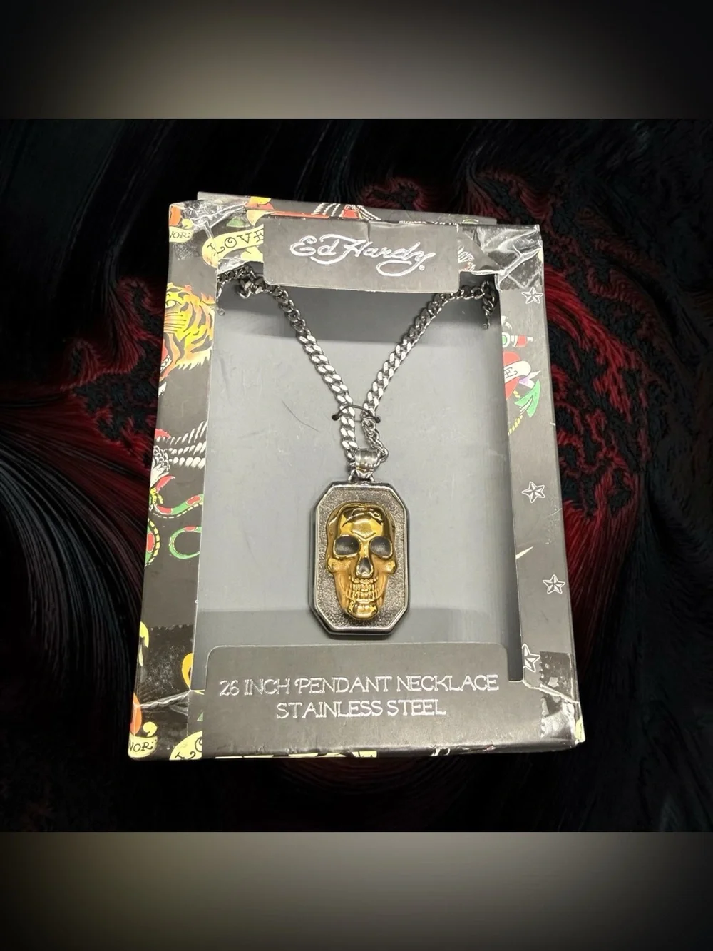 ☠️ED HARDY☠️Mens Two-Tone Skull Stainless Steel Pendant Necklace/NIB